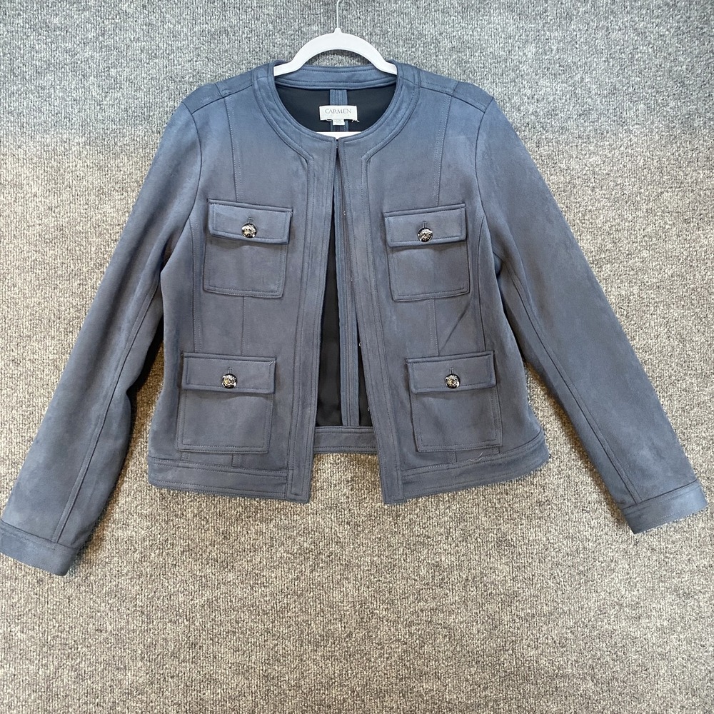 Carmen Marc Valvo Jacket Womens M‎ Blue Faux Suede Button Pocket Quiet Luxury